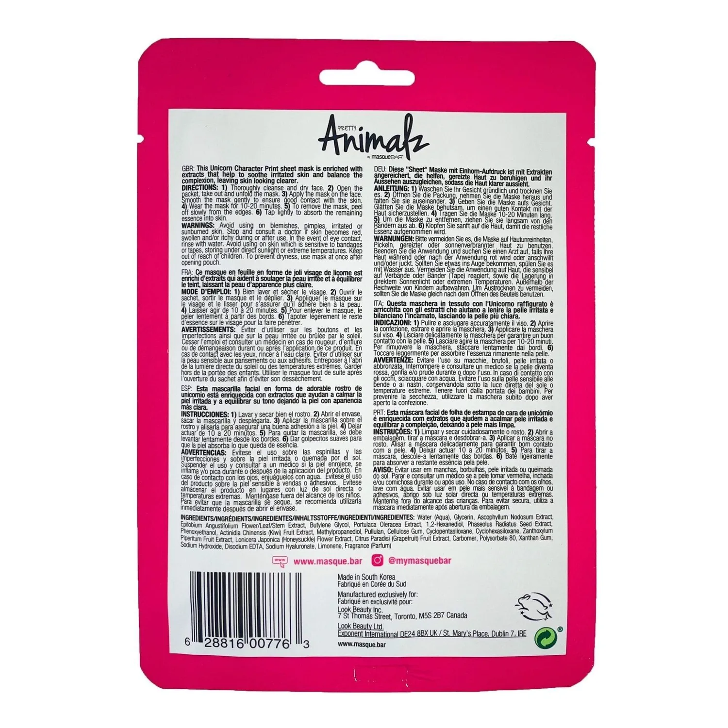Masque Bar Pretty Animalz Unicorn maschera tessuto idratante