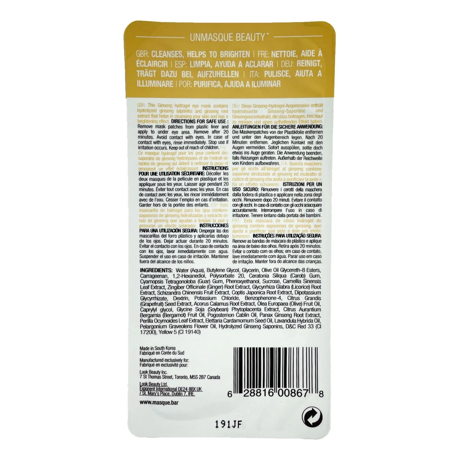 MasqueBar Hydro Gel Ginseng patch occhi 1 paio anti-età