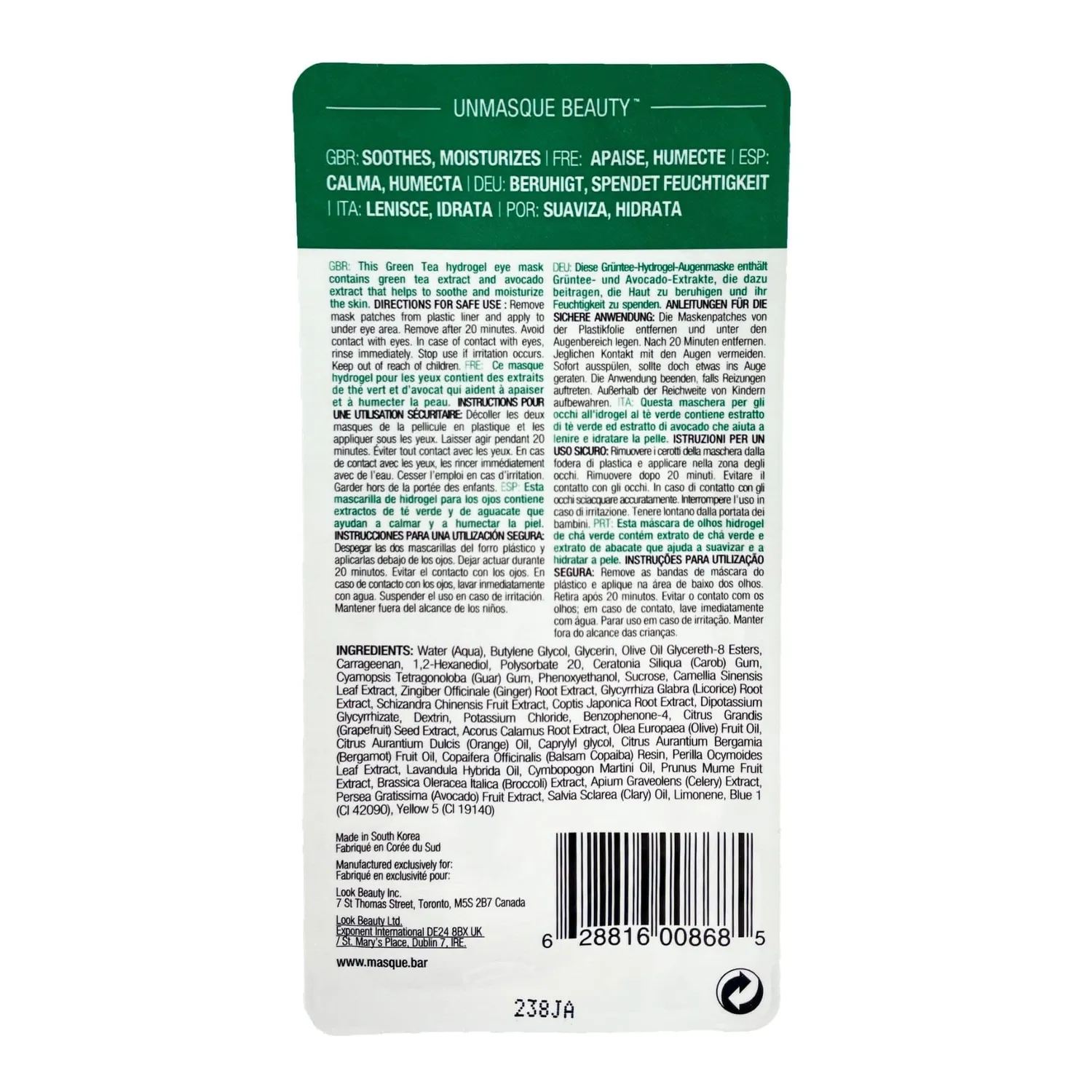 Masque Bar Green Tea Patch Occhi Idrogel 1 Coppia