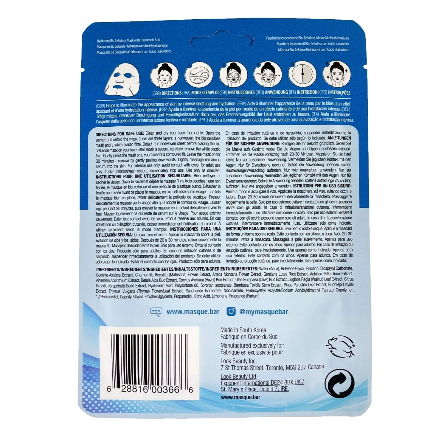 MasqueBAR Hydrating Bio Cellulose maschera viso idratante