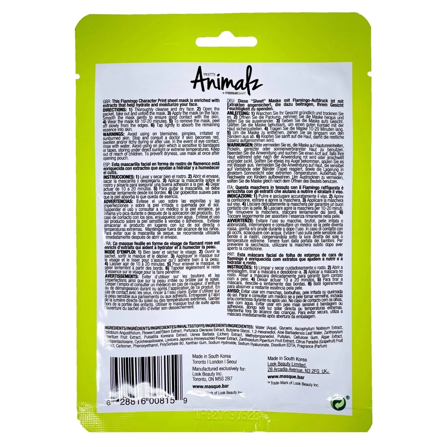 Masque Bar Pretty Animalz Flamingo Maschera Viso Alga
