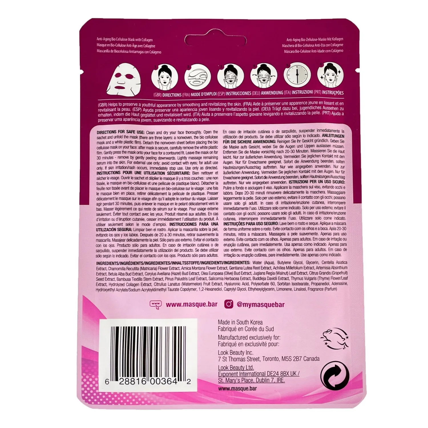 Masque Bar Bio Cellulose maschera viso antirughe collagene
