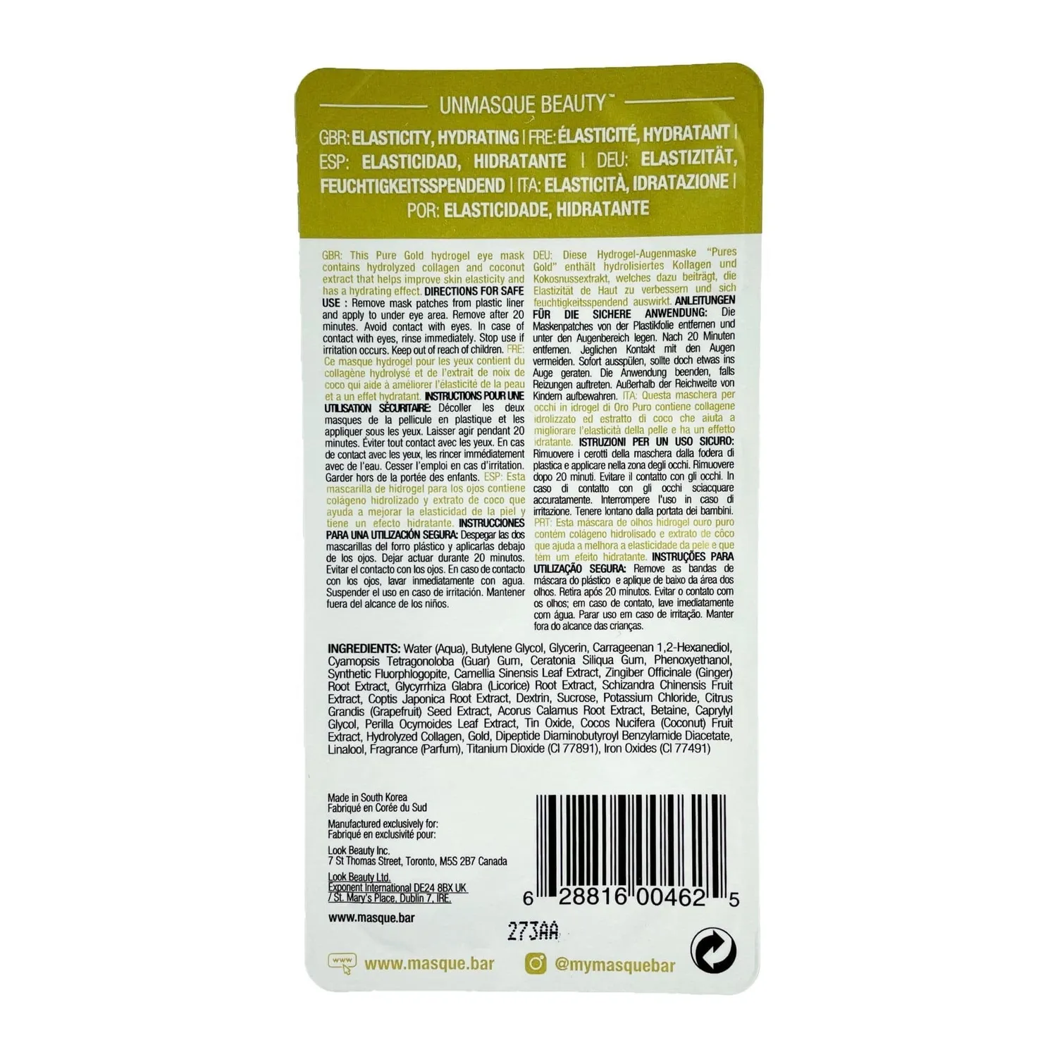 Masque Bar Hydro Gel Pure Gold patch occhi idratanti 1 paio