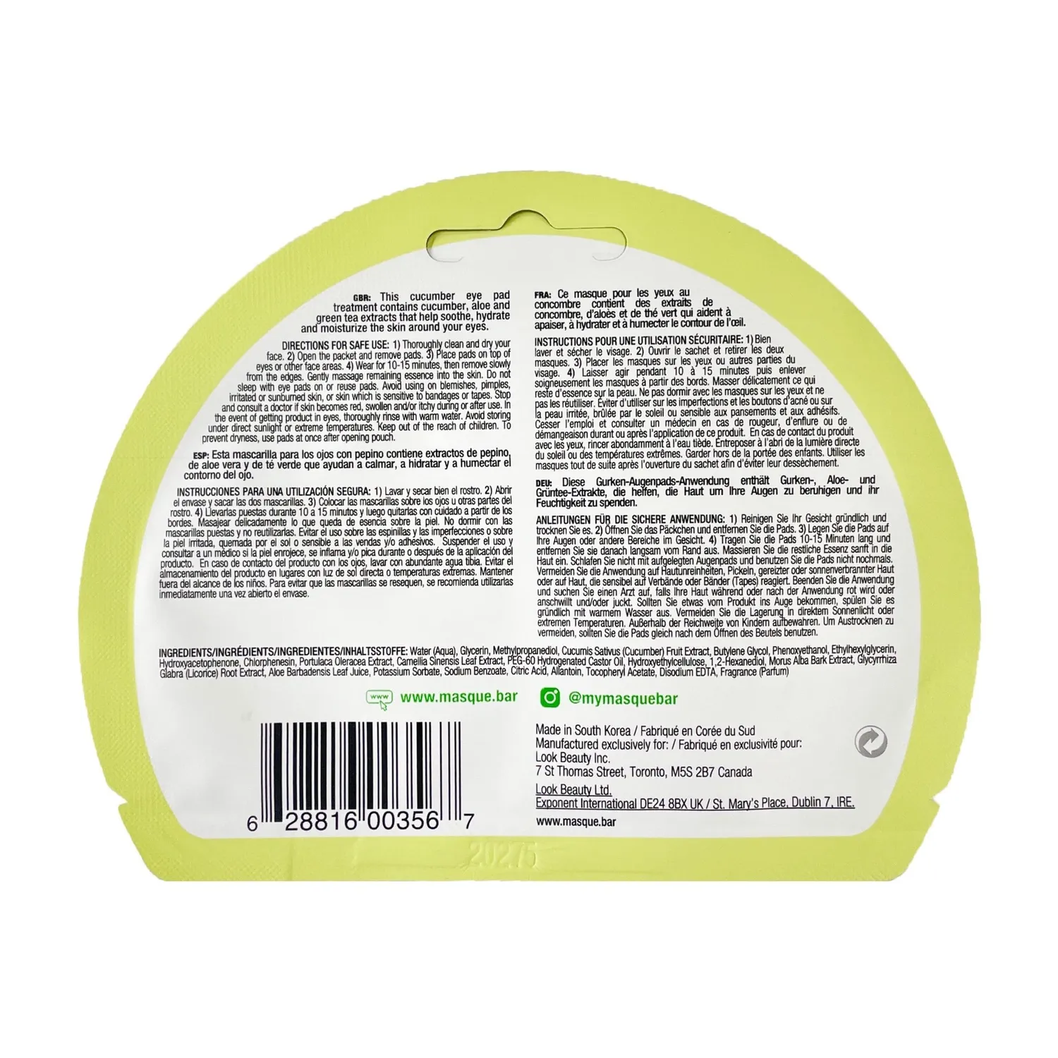 Masque Bar In.gredients patch occhi cetriolo idratanti