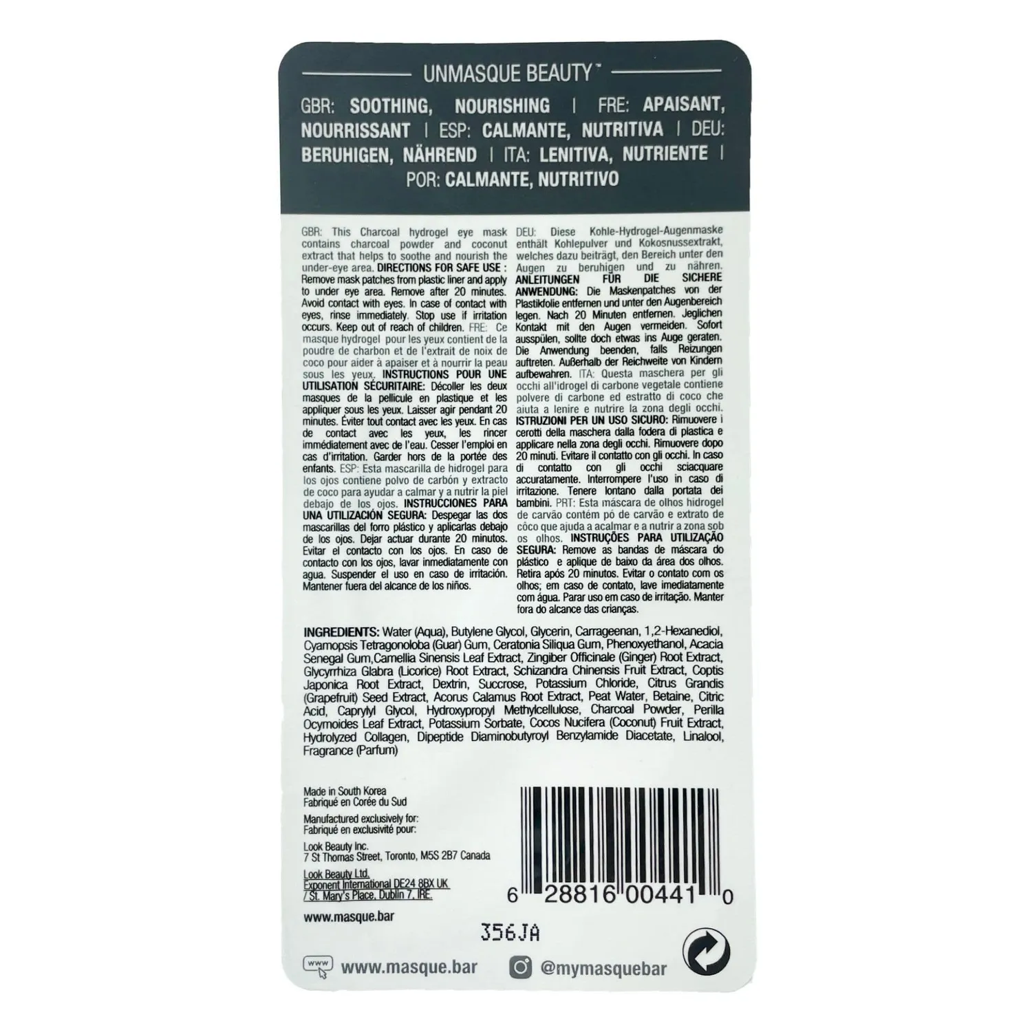 Masque Bar Hydro Gel Charcoal patch occhi 1 paio carbone
