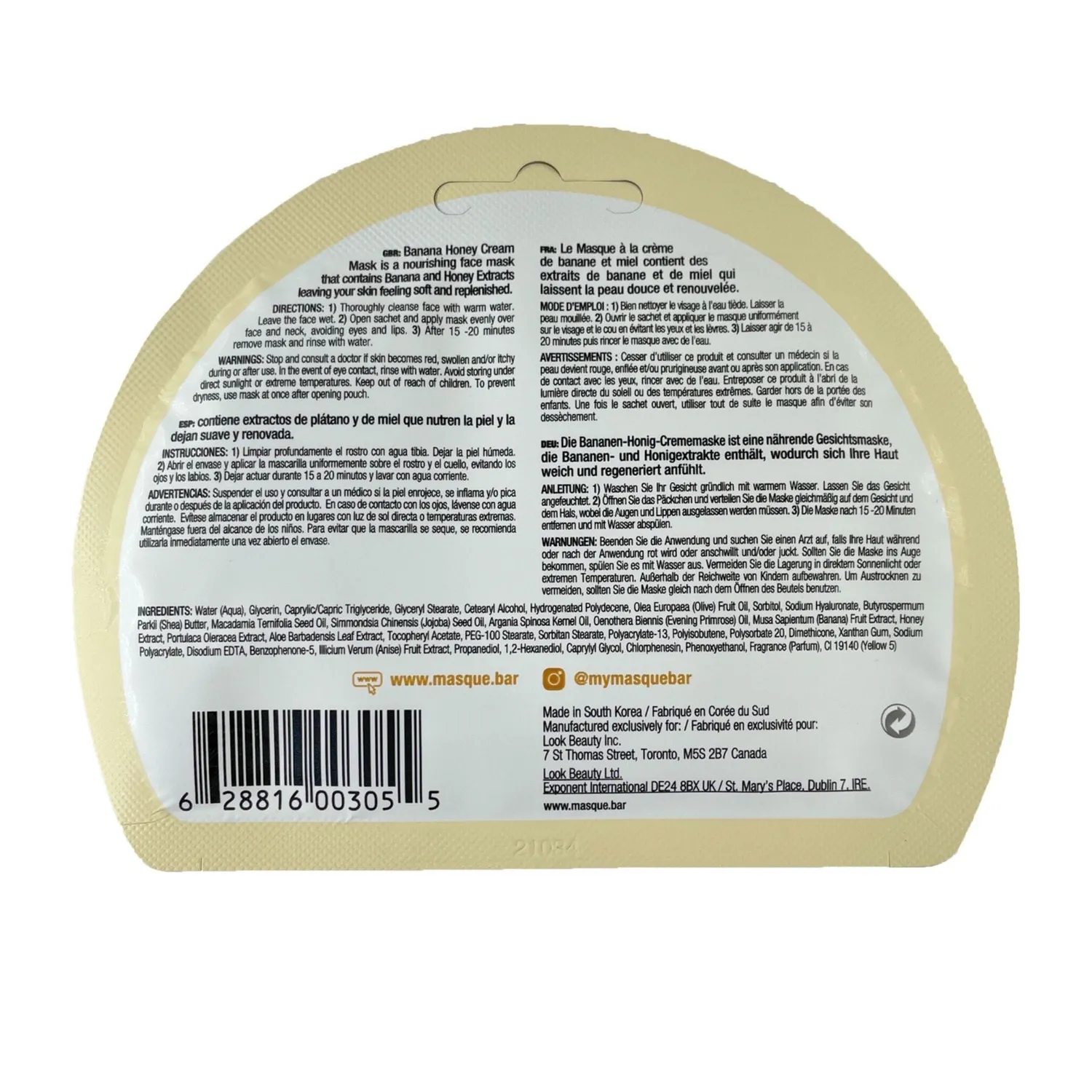 Masque Bar Ingredients Banana Honey Maschera Crema Miele