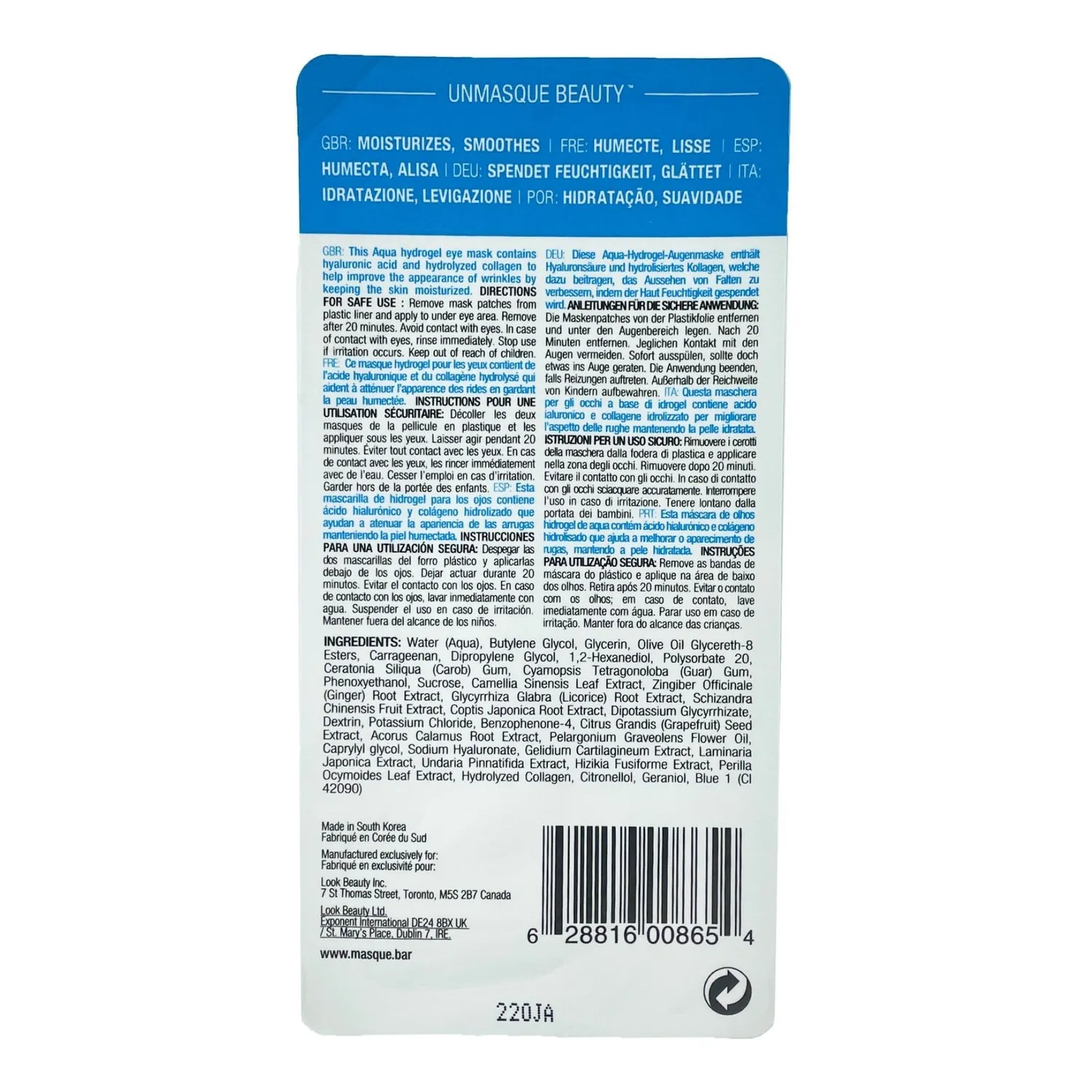 MasqueBar Hydro Gel Aqua patch occhi 1 paio idratanti